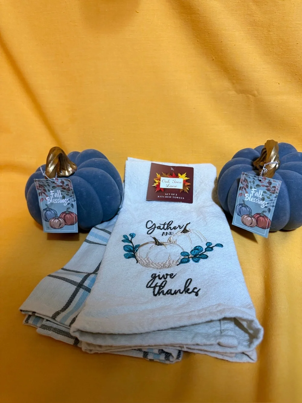 3 pc set, Cream Kitchen Towel Set, 2 velvet feel blue pumpkins